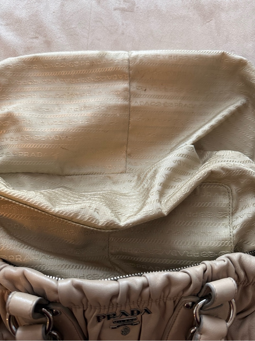 Prada Nappa Gaufré Convertible Satchel Bag in Cameo Beige with Crossbody Strap - Picture 15 of 16